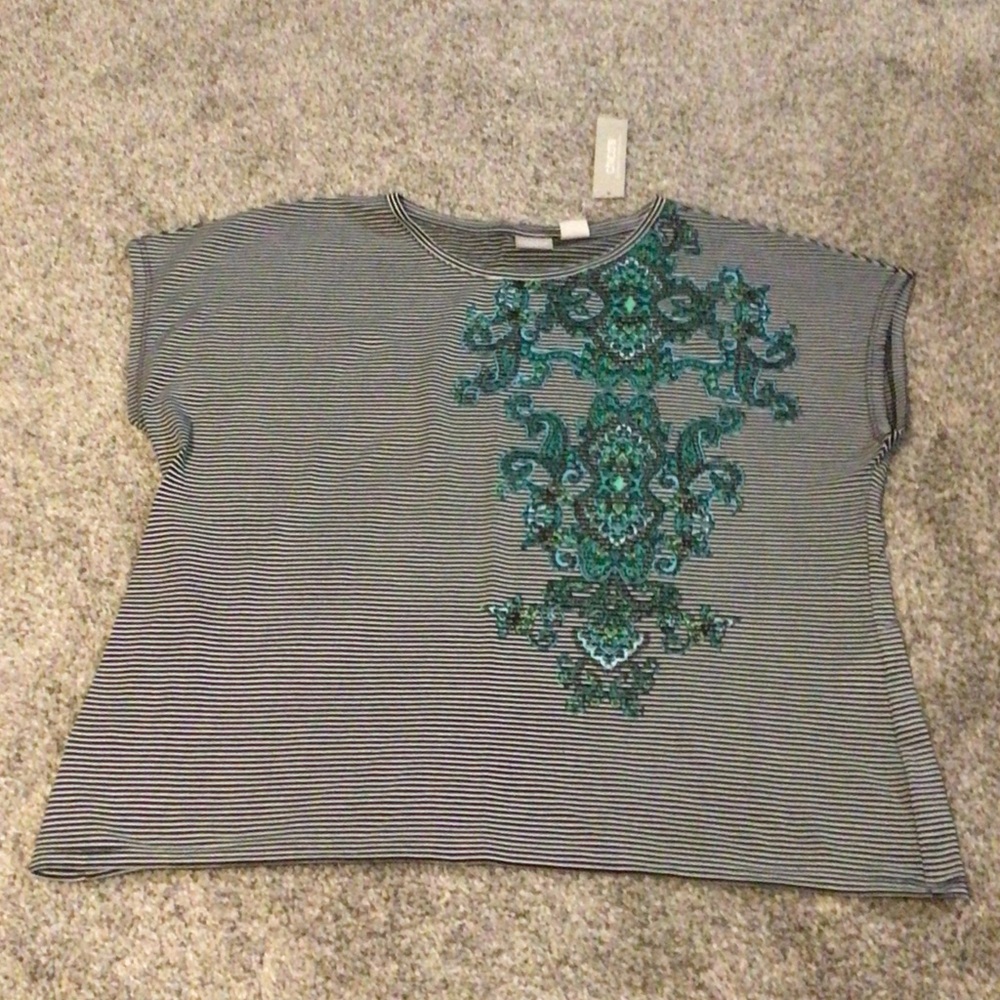 New Chico's Black and White Striped Top with Teal embellishment